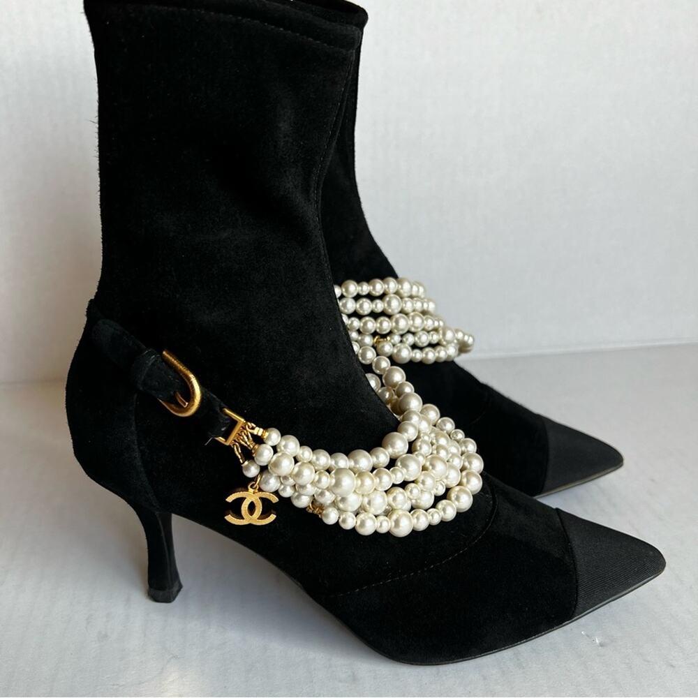 CHANEL Black Ankle Boots with Pearl Accents